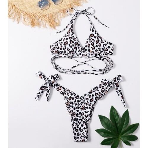 Sexy Leopard Tanga Bikini 2021 Mujer Swimwear Women String Swimsuit Around Lace-up Biquinis Triangle Bikinis Set Bathing Suit