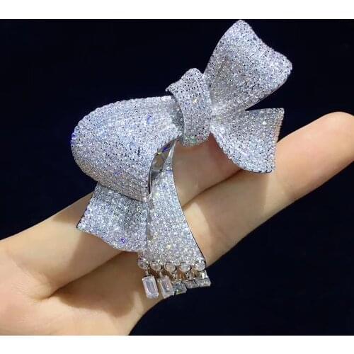 SHANICE Charming Elegant Bow Shape Gold/ Silver/ Rose Brooch Micro Pave and Pear Shaped CZ Floral Vane Pin Bridal Jewelry