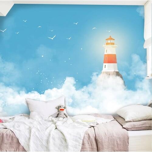 Modern Minimalist Mediterranean Blue Sky Lighthouse Childrens Room Background Wall Decor Custom Wallpaper Mural Poster 3D Photo