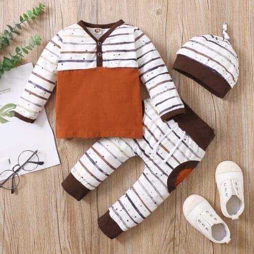 Toddler Kids Baby Girl Boy Stripe Patchwork Top Casual Pants Trousers Hats Autumn Cotton Long Sleeve Outfit Clothes Set