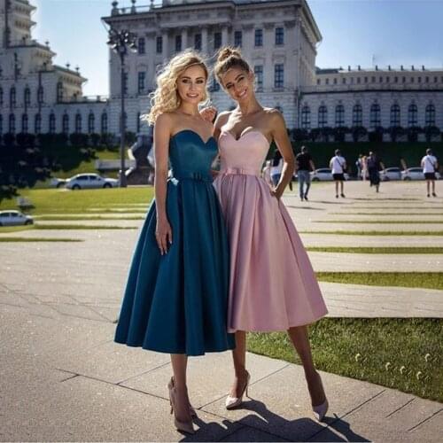 A-Line Princess Satin Bowknot Sweetheart Sleeveless Tea-Length Homecoming Dresses robes de cocktail vestidos de graduación