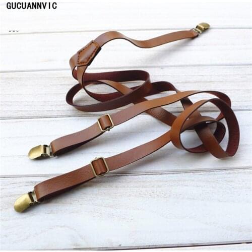 Vintage British retro leather tri-clamp strap leather suspenders women decorated Korean narrow braces men section 1.5CM