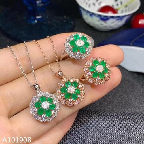 KJJEAXCMY boutique jewelry 925 sterling silver inlaid Natural Emerald ring pendant necklace womens two-piece support test