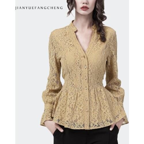 Fashion Hook Flower Hollow Lace Blouse Women Long Sleeve V-Neck Autumn Shirt With Back Lace-Up Elegant Slim Casual Tunic Tops