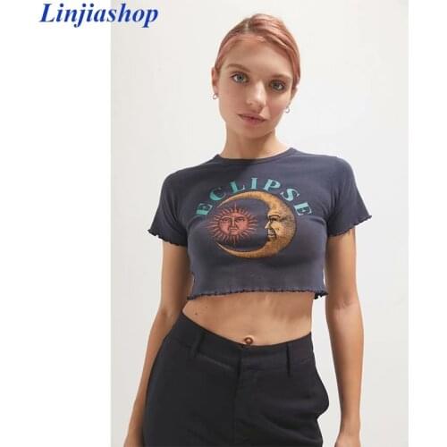 ECLIPSE cropped T-shirts girl high quality soft cotton fabric summer women navy blue top elastic tees easy fit dropshipping