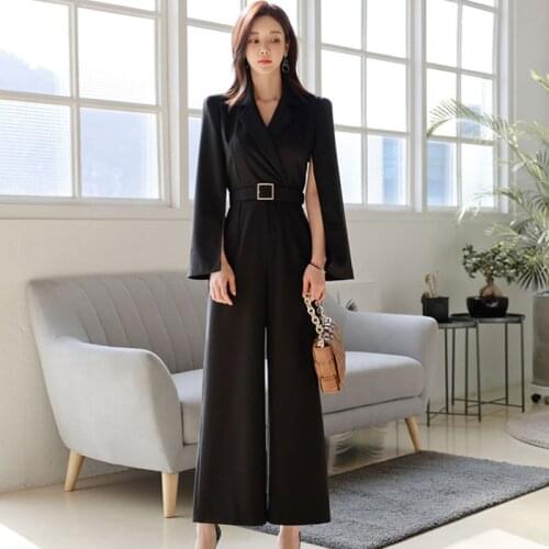 New Arrival Fashion Spring Women Elegant Sashes Retro OL Professional Temperament Open Sleeve Belt Chic Straight Long Jumpsuit