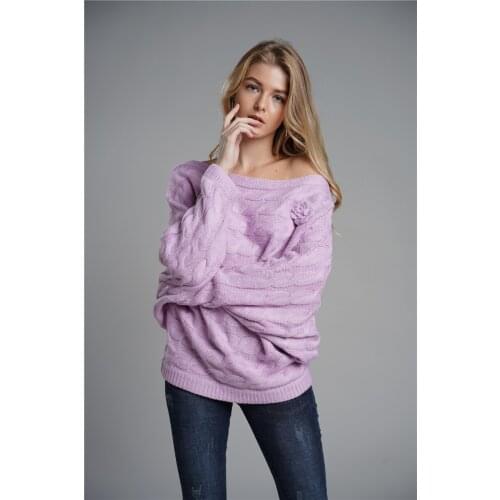 H80&S90 New Hot Sale Women Autumn Winter Slash Neck Loose Knitted Sweater Female Fashion Flower Batwing Sleeve Pullover Sweater