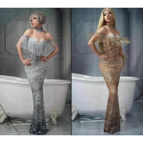 Occident Nightclub Bar Party Dress Women Silver Gold Tassels Long Dress Off Shoulder Skinny Dress Prom Birthday Stage Costumes