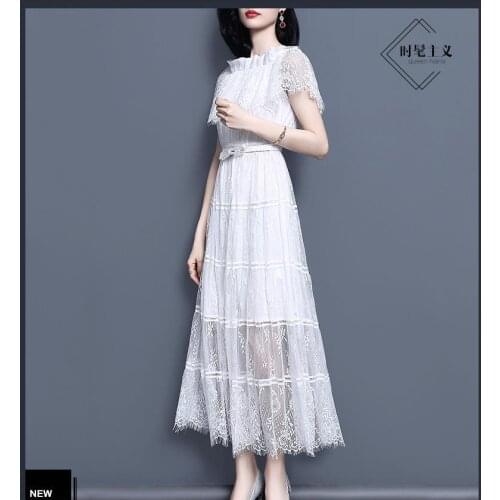 Spring 2019 womens new lace waist belt very fairy mesh a-line dress