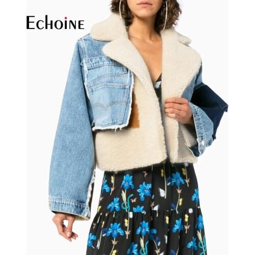 Echoine Winter Velvet Denim Stitching Jacket Women Lamb Hair Liner Thickened Short Motorcycle Jacket Cotton-padded Warm Coat