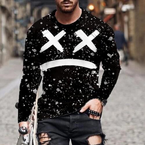3D long-sleeved T-shirt mens foreign trade summer loose casual fashion round neck color matching crying face long-sleeved T-shi