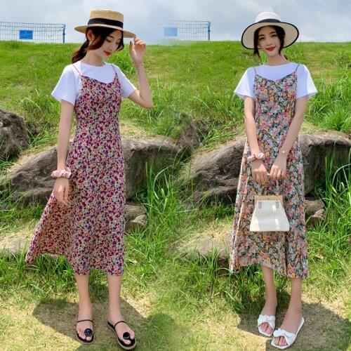 6672# T shirt + Floral Dress Maternity Clothes Loose Stylish Short Sleeves two-piece Dress for Pregnant Women Mom Dress