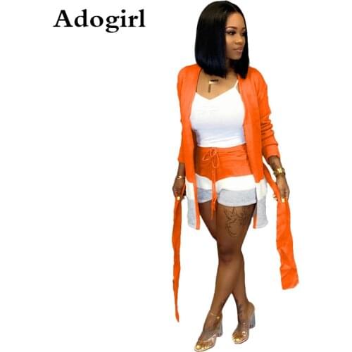 Adogirl Stripe Color Patchwork Knitted Wool Two Piece Set Women Casual Long Sleeve Cardigan with Sashes + Shorts Outfits