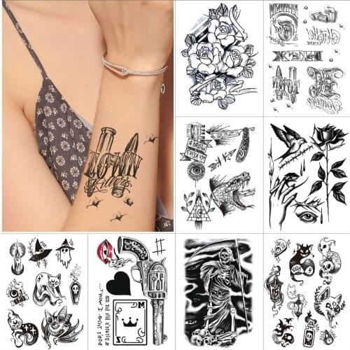 Black temporary tattoo sticker birdie Halloween decorations skull flower Small tattoo sticker Sexy fake tattoo for Arm thigh