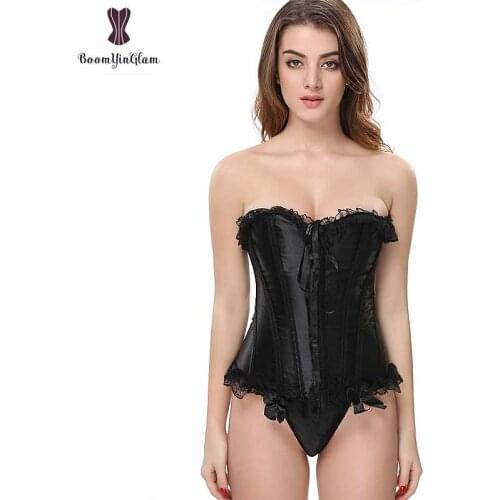 Satin Black Corset Overbust Fish Boned Korset Fish Boned Gothic Gorset Plus Size 6XL Laciness Hooks And Eyes Closure Korsett Hot