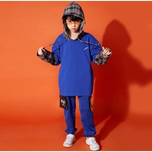 Hip Hop Dancer Outfit Kids Jogger Blue Causal Pants Rave Clothes Festival Clothing Stage Costume Long Sleeve Boys Clothes DL7658