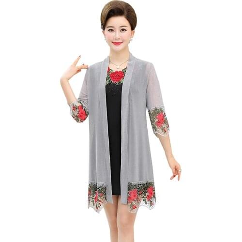 Elegant Middle-aged Women mother Summer Dress embroidery Ice silk sun protection clothing 2 Pieces Party Dresses Plus Size