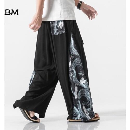 Fairy Crane Splicing Hanfu Men Falling Feet Culottes Chinese Style Wide Leg Pants Spring Summer Linen Loose Plus Size Trousers