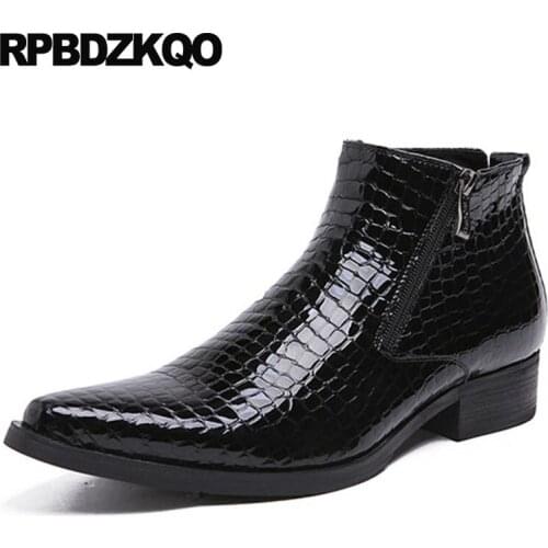 Full Grain Leather Pointed Toe Wedding Fall Formal Booties Mens Zipper Dress Boots 2018 Chunky Shoes Black Ankle Short Snakeskin