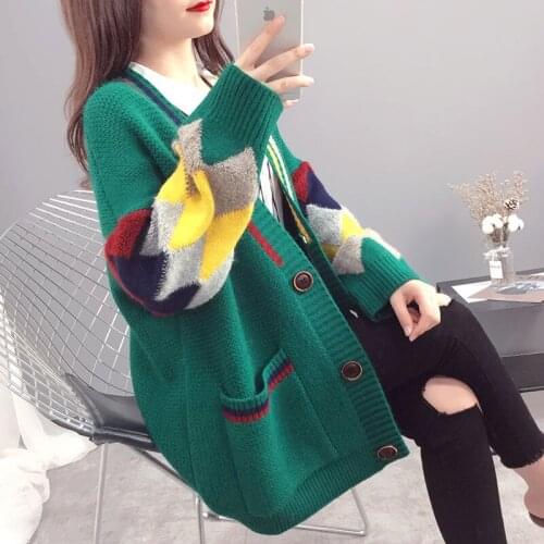 Spring And Autumn Jacket New Sweater Knitted Cardigan Womens Korean Loose Stitching Youth Jacket All-Match Cardigan Jacket