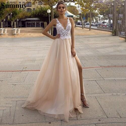 Sumnus Beach Wedding Dress 2020 Sexy Backless Silt V Neck Boho Bridal Gown Champagne Plus Size Wedding Gowns