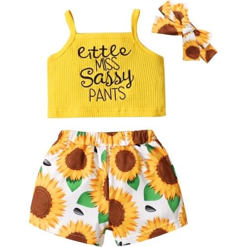 Citgeett Summer Kids Girls Outfit Sweet Style Sleeveless Suspender Letter Top + Floral Printing Shorts + Bow Headwear Clothes