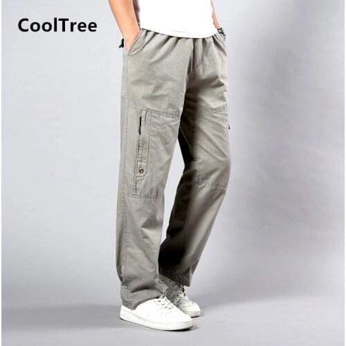 CoolTree Men Casual Pants Spring Autumn Solid color Multi-pocket Cotton Straight Trousers Male Loose Work Cargo Pants Plus Size