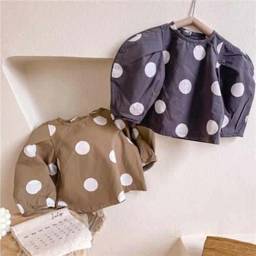New 2021 Autumn Baby Girls Polka Dots Blouses Puff Sleeve Kids Pullovers Tops Korean Style Toddlers Children Shirts