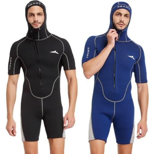 2020 New 3mm Short Sleeve Man Hooded Diving Suit One-Piece Wetsuit with Hat Front Zipper Warm Sunscreen Snorkeling Swimsuit