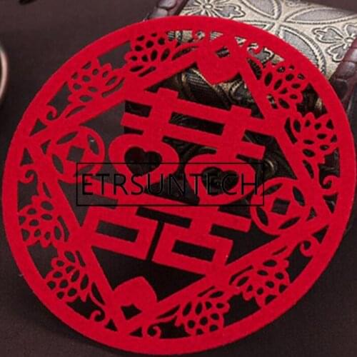 1000pcs Traditional Chinese Double Happiness Coasters Non-woven Felt Cup Mats Wedding Table Decoration