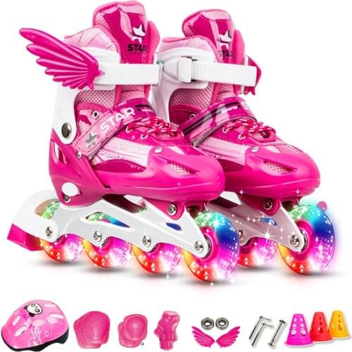 Adjustable Skates with Light Up Wheels for Kids and Adults Inline Skates with Protective Gear Set Knee Pads Elbow Pads Helmet