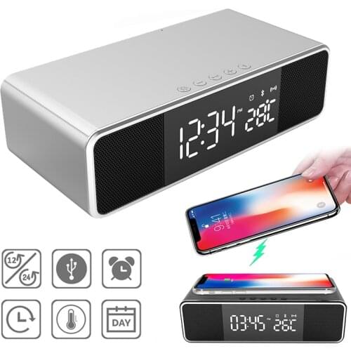 LED Electronic Alarm Clock Wireless Mobile Phone Charging Temperature Time Display Digital Clock With FM Radio Bluetooth Speaker