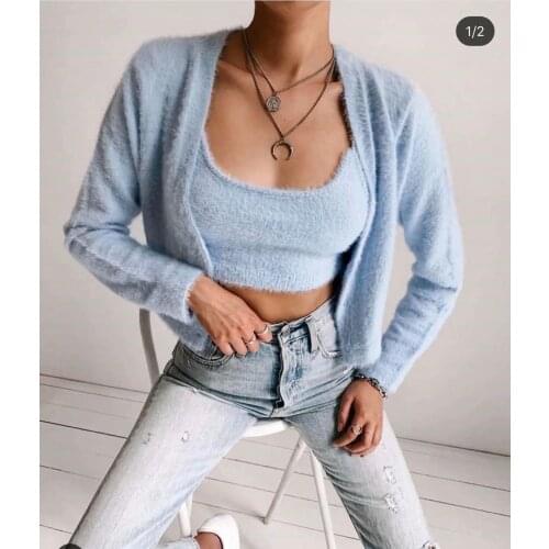 Women Long Sleeve Top Camisole Wool Tank Cardigan Slim Tee Autumn Winter Sweater Vest Female Outfits Two pcs Female Clothing