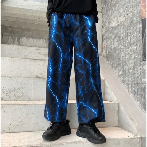 Korea Ins Harajuku Style Streetwear Blue Lightning Print Casual Pants Couple Wide-leg Pants Straight-leg Pants for Men Women New