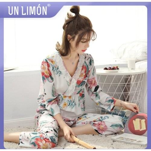 UNLIMON Women Sleepwear Korean Fashion Pyjamas Sets Cotton V-collar Fruits Long-sleeve Pants Home Suit