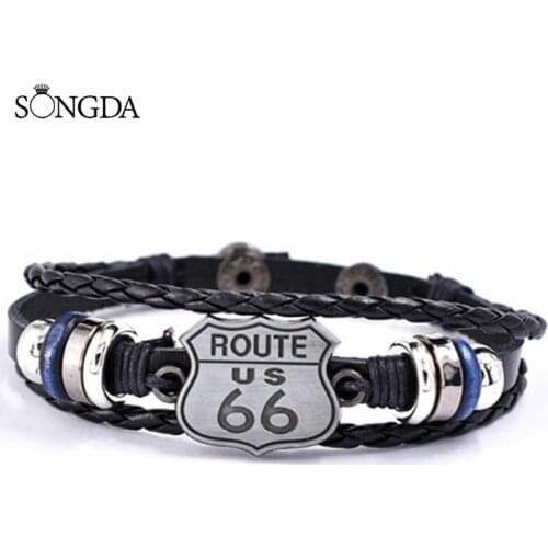 SONGDA Vintage US ROUTE 66 Multilayer Beaded Leather Bracelet for Men and Women Jewelry Quality Braided Bracelet Decoration Gift