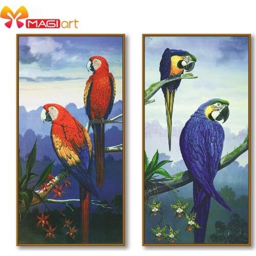 Cross stitch kits Embroidery needlework sets 11CT water soluble canvas patterns 14CT Animal Style Red and blue parrot-NCMA134
