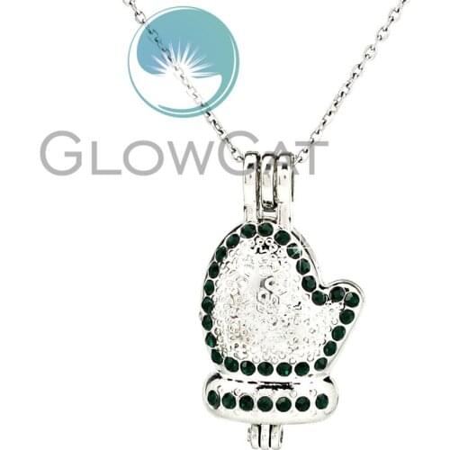 Green Rhinestone Gloves Winter Snowflake Beads Cage Locket Pendant Perfume Diffuser Pearl Cage Necklace KK1055