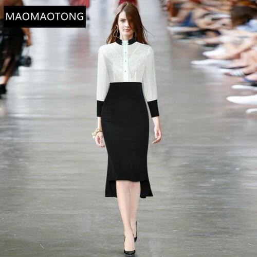 Womens Clothing Fashion Designer Dress Spring Womens Dress Stand Collar Lace Patchwork Package Hip Asymmetrical Dresses