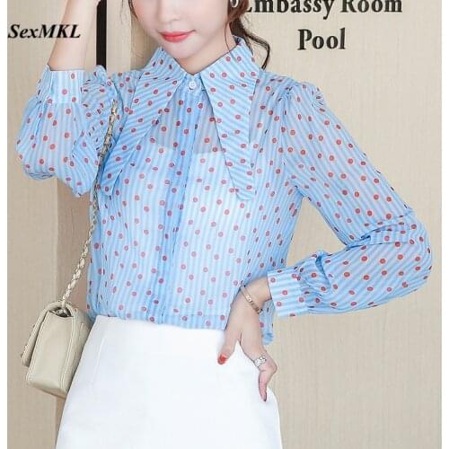 Women Transparent Chiffon Blouses 2020 Fashion Long Sleeve Polka Dot Office Shirts Elegant Korean Clothes Sexy Slim Ladies Tops
