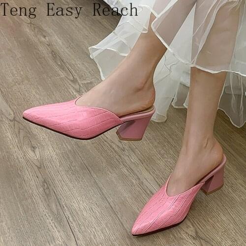Pointed Toe Women Square Heel High Heels Muller Slippers Women 2021 Summer Shoes Women Fashion Comfortable Shallow Ladies Shoes