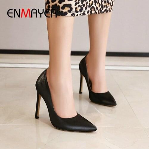 ENMAYER Basic PU Pointed Toe Slip-On Luxury Shoes Women Thin Heels 2020 Spring/Autumn Fashion High Heels Shallow Women Shoes