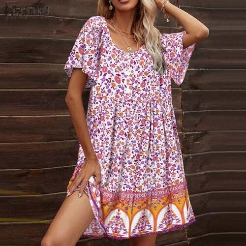 Summer Casual Short Sleeve Sundress 2021ZANZEA Women Bohemian Floral Printed Dress Loose Holiday Beach Midi Vestidos Oversized
