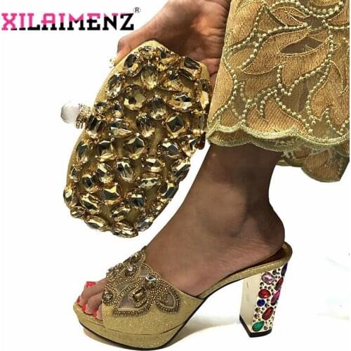 Gold Nigerian Ladies Slippers with Matching Bag for Woman Italian Party Shoes and Bag Set African Wedding Shoes with Crystal