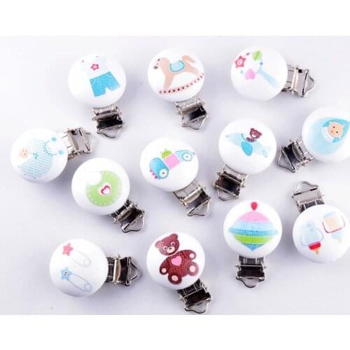 5PCs Baby Pacifier Clips Mixed Pattern White Wood Metal Holders Cute Infant Soother Clasps Funny Accessories 4.4x2.9cm