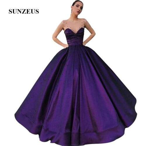 Ball Gown Dark Purple Evening Dresses With Pearls Illusion Neck Long Satin Formal Gowns Women Elegant Party Wear