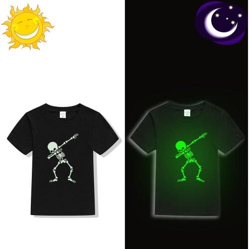 Kids Luminous Tshirt Dabbing Skele Skull Print Funny Toddler Boy Girl Short Sleeve Glow In Dark T-shirt Children Noctilucent Tee