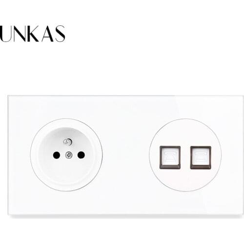 UNKAS French Standard Wall Socket + Female Dual RJ11 Telephone Jack 172MM*86MM Tempered Crystal Glass Panel Outlet