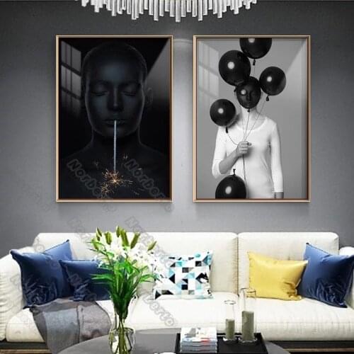 Nordic Style Canvas Painting Poster Art Portrait Photograph White and Black Women with Black Balloons for Home Rooms Wall Decora