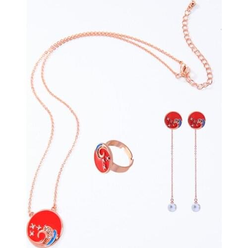 Chinese Elements Jewelry Sets Red Sea Wave Face Sun Pearl Earrings Enamel Charm Necklace Crystal Ring Wholesale